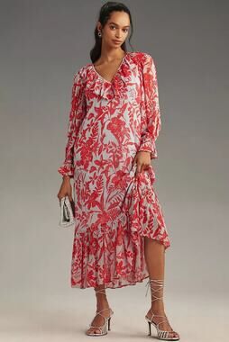 New By Anthropologie Long-Sleeve V-Neck Chiffon Ruffle Midi Dress $168 MEDIUM